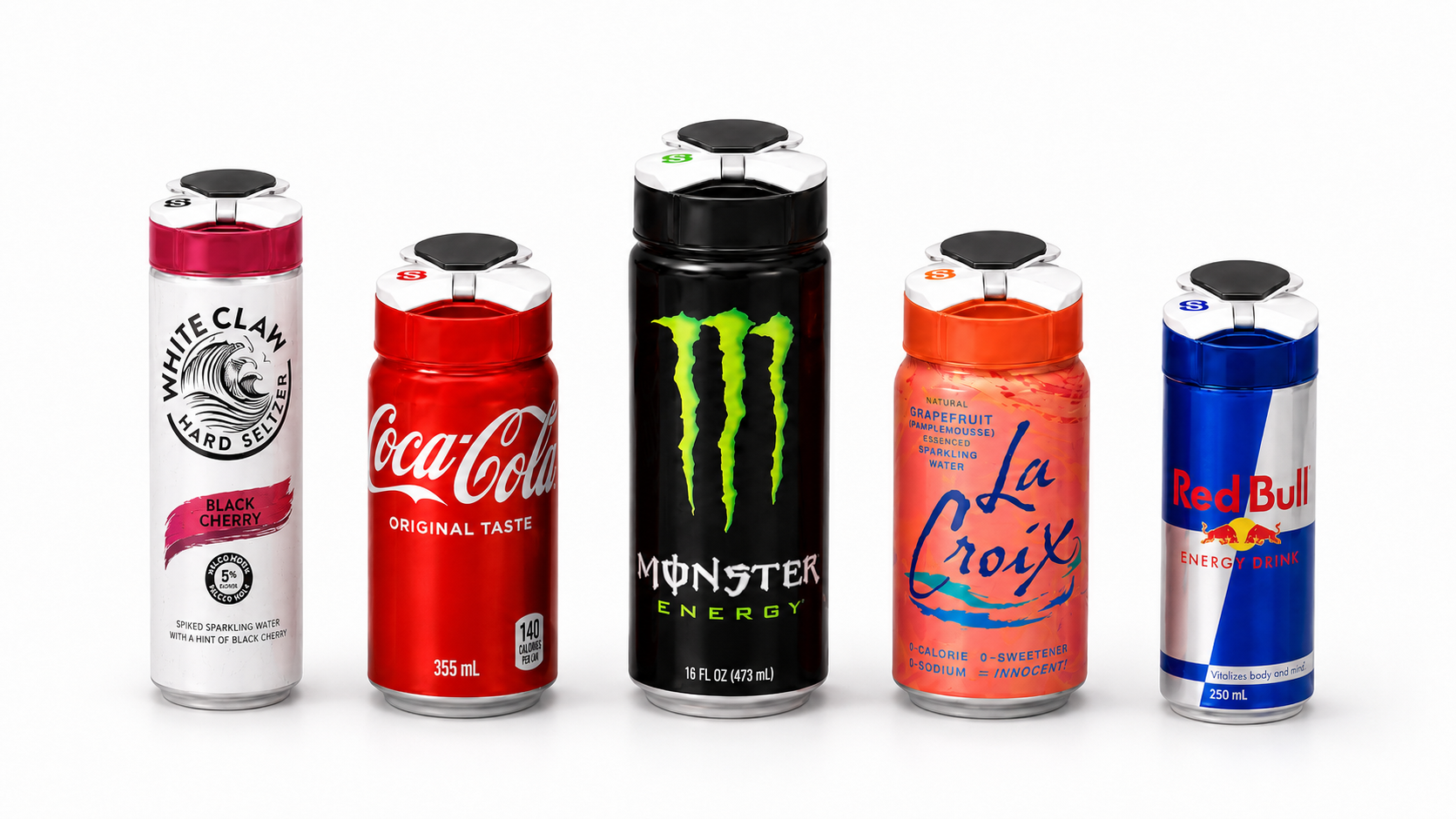 Collection of energy drink cans including White Claw, Coca-Cola, Monster Energy, La Croix, and Red Bull on a white background with Sipivo sip safe guard on