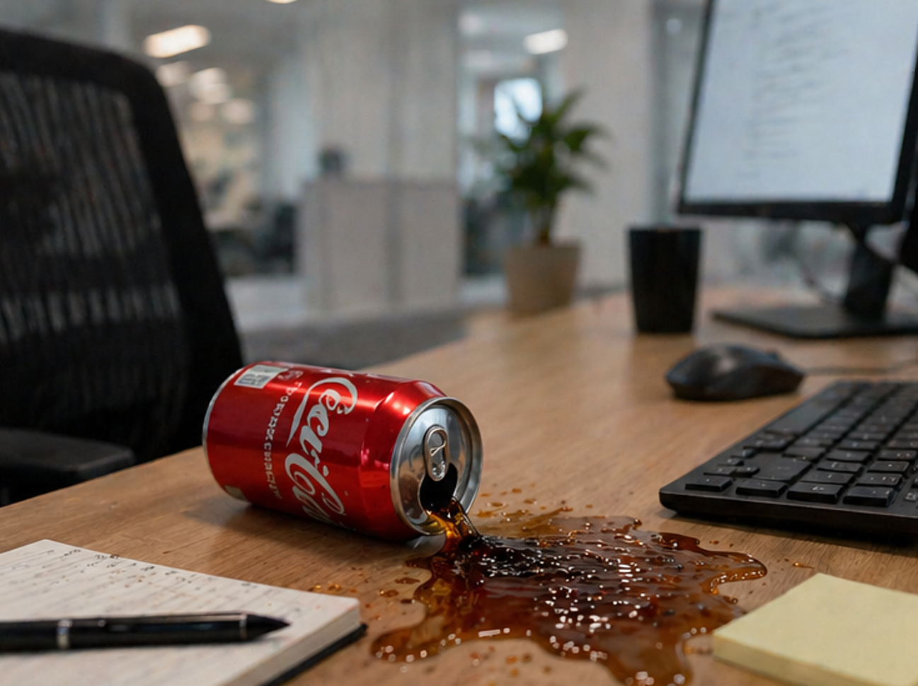 Coca-Cola can spilled on a desk with office elements in the background