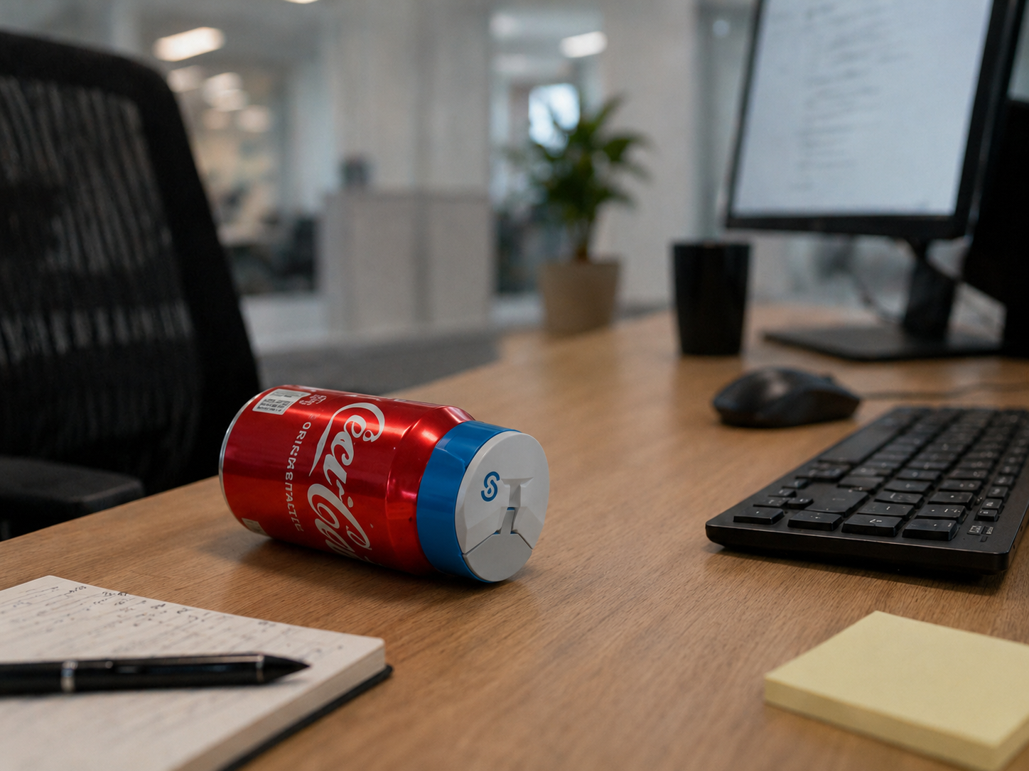 Coca-Cola can on a desk with Sipivo sip safe guard with office elements in the background