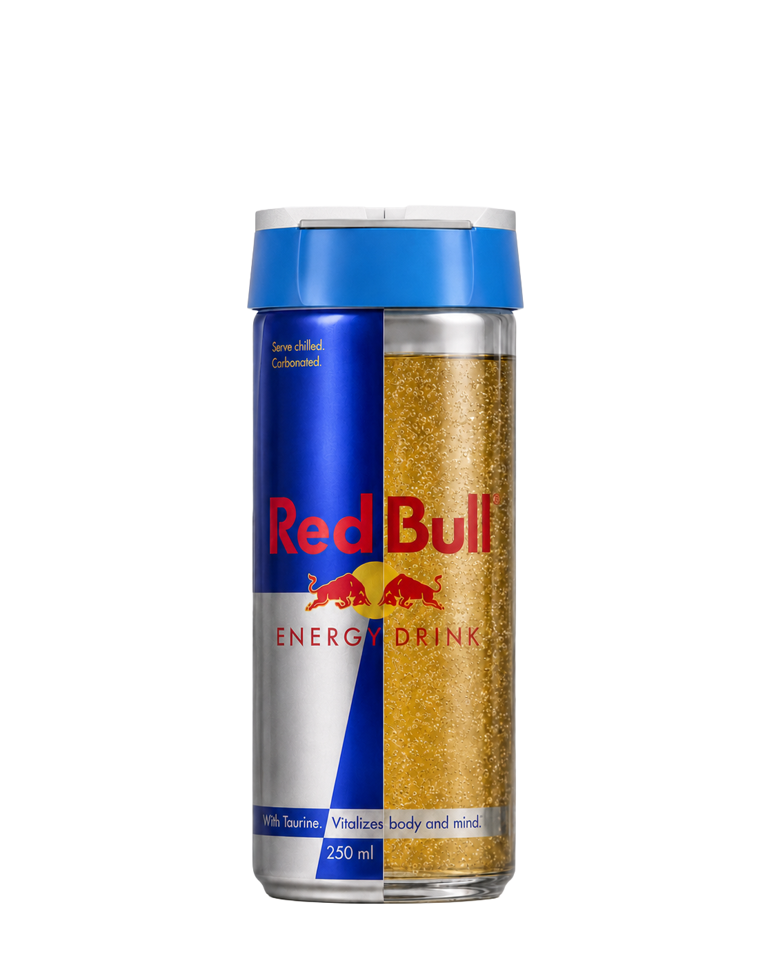 Red Bull energy drink with a Sipivo sip safe guard on with a white background