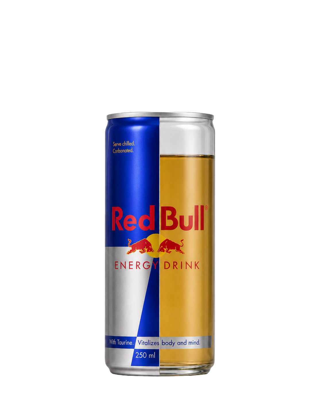 Red Bull energy drink can on a white background with no carbonation