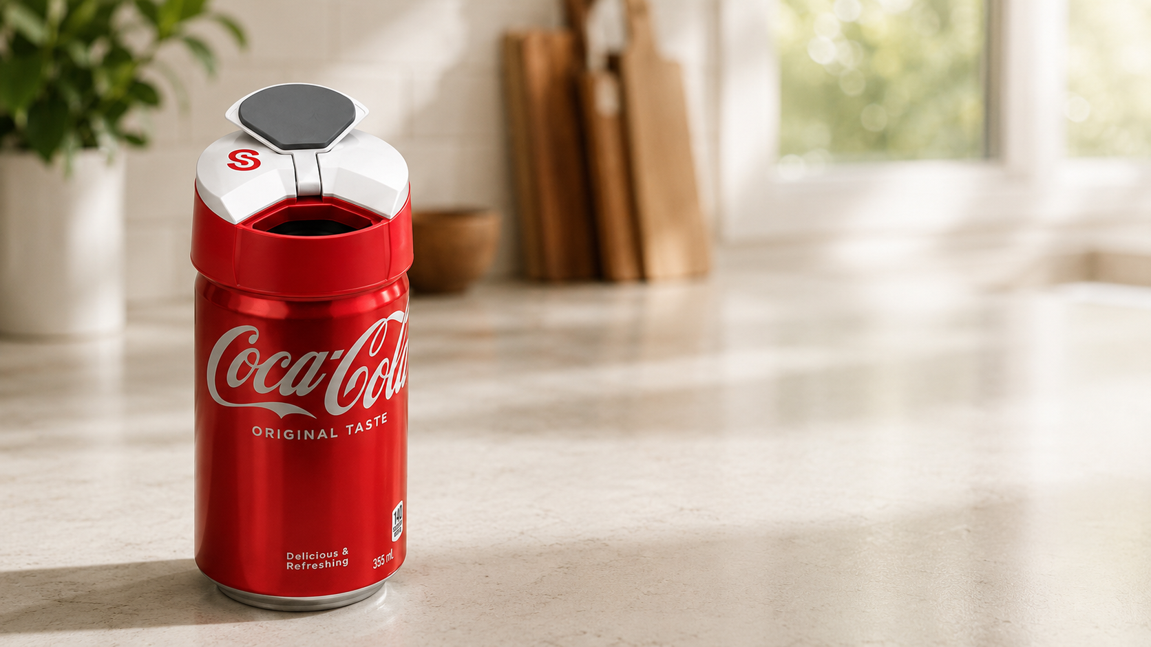 Red Coca-Cola can-shaped container on a wooden surface with a blurred background, the can has a Sipivo sip safe guard on it